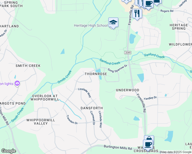 map of restaurants, bars, coffee shops, grocery stores, and more near 1316 Thorny Vine Court in Wake Forest