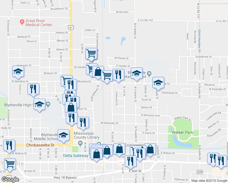 map of restaurants, bars, coffee shops, grocery stores, and more near 124 North Crescent Drive in Blytheville