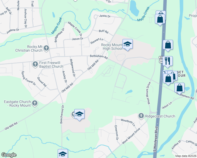 map of restaurants, bars, coffee shops, grocery stores, and more near 1221 Old Mill Road in Rocky Mount