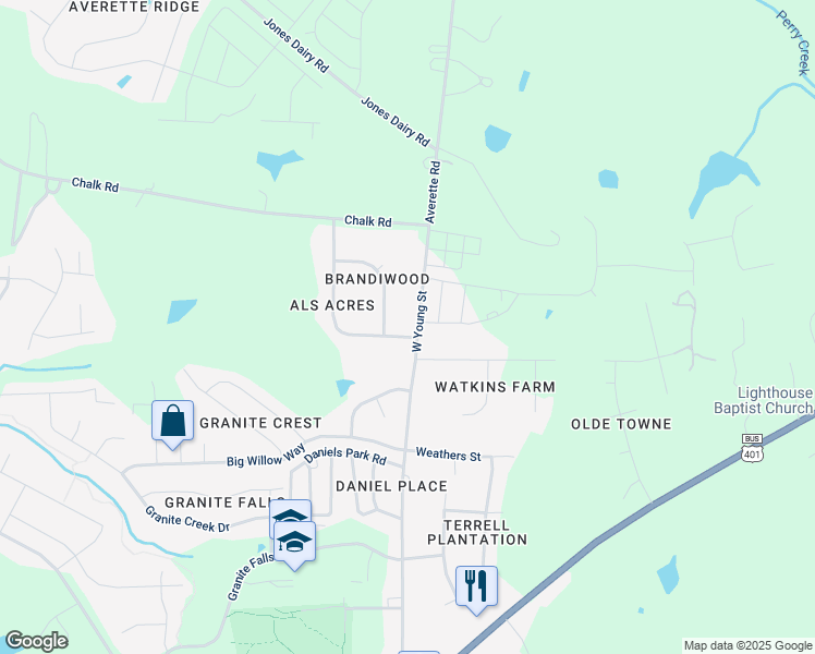map of restaurants, bars, coffee shops, grocery stores, and more near 411 West Young Street in Rolesville