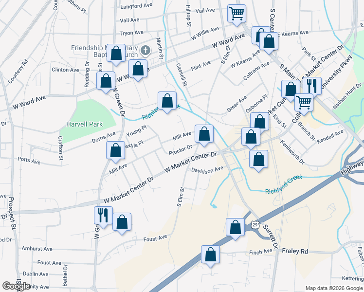 map of restaurants, bars, coffee shops, grocery stores, and more near 1002 Proctor Drive in High Point