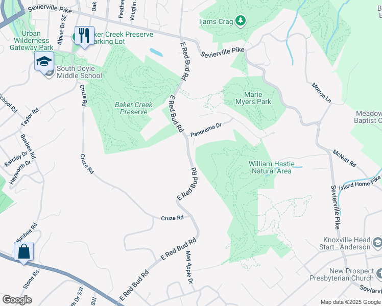 map of restaurants, bars, coffee shops, grocery stores, and more near 466 East Red Bud Road in Knoxville