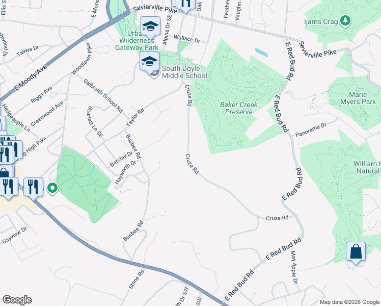 map of restaurants, bars, coffee shops, grocery stores, and more near 4108 Cruze Road in Knoxville