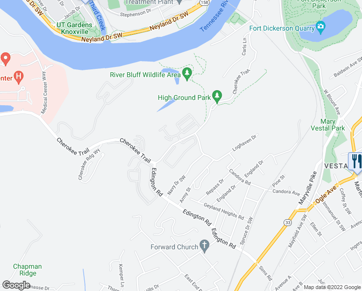 map of restaurants, bars, coffee shops, grocery stores, and more near 3950 Cherokee Woods Way in Knoxville