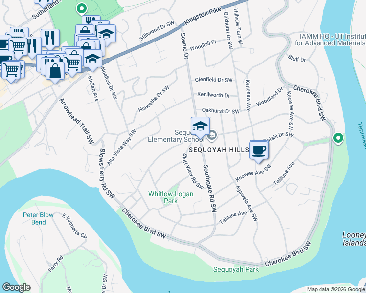 map of restaurants, bars, coffee shops, grocery stores, and more near 950 Scenic Drive in Knoxville