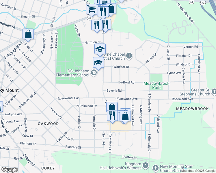 map of restaurants, bars, coffee shops, grocery stores, and more near 500 North Fairview Road in Rocky Mount