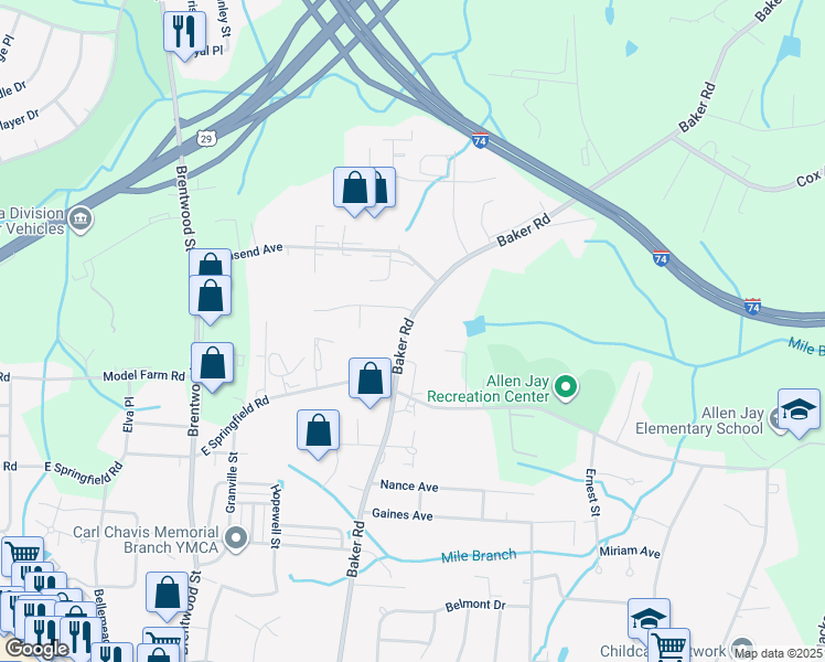 map of restaurants, bars, coffee shops, grocery stores, and more near 1212 Baker Road in High Point