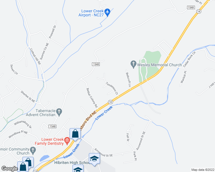 map of restaurants, bars, coffee shops, grocery stores, and more near 207 Tomlinson Court in Lenoir