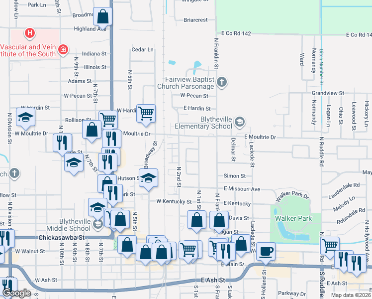 map of restaurants, bars, coffee shops, grocery stores, and more near 124 North Crescent Drive in Blytheville
