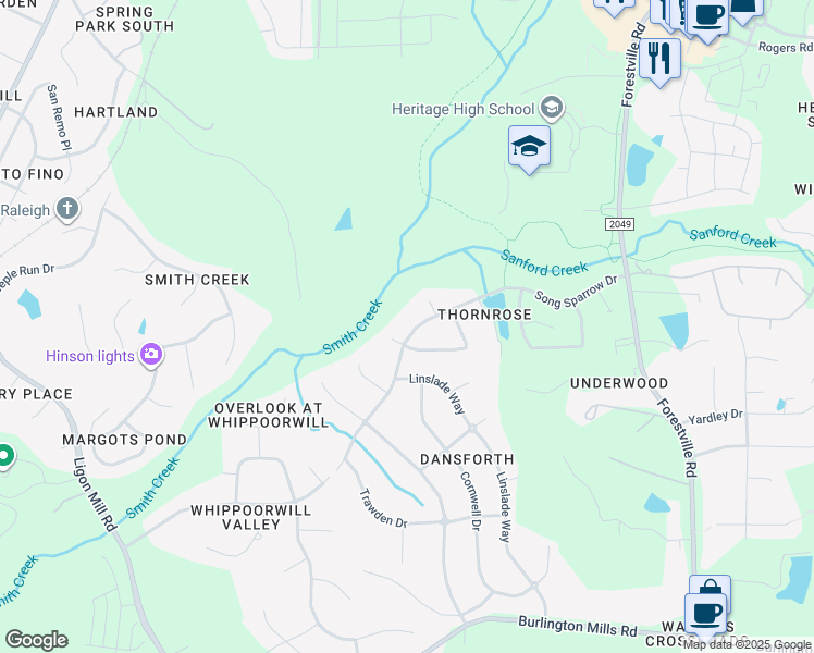 map of restaurants, bars, coffee shops, grocery stores, and more near 3709 Song Sparrow Drive in Wake Forest