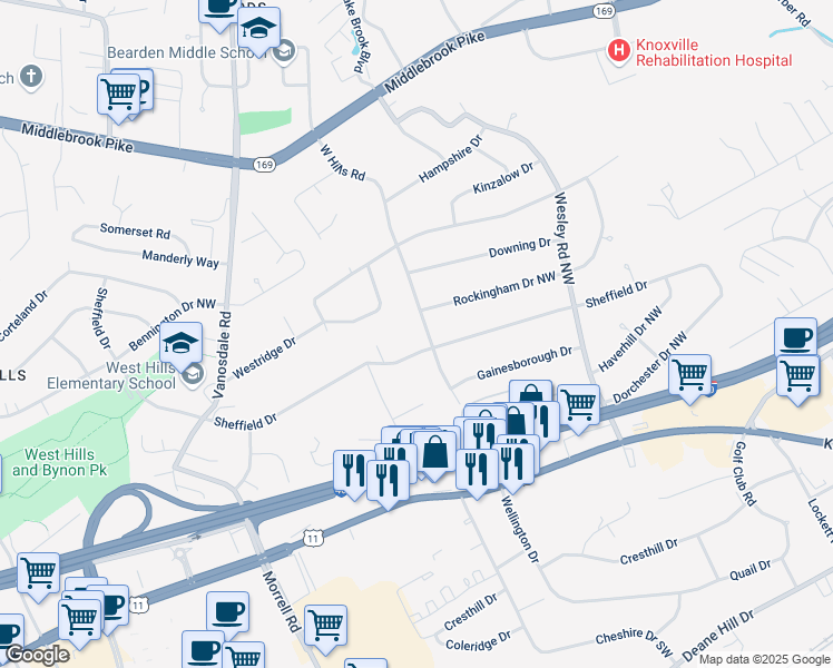 map of restaurants, bars, coffee shops, grocery stores, and more near 405 West Hills Road in Knoxville