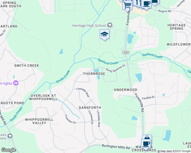 map of restaurants, bars, coffee shops, grocery stores, and more near 1316 Thorny Vine Court in Wake Forest