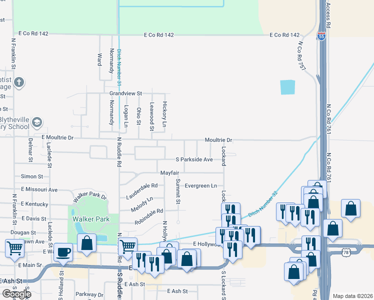 map of restaurants, bars, coffee shops, grocery stores, and more near 908 Gearing in Blytheville