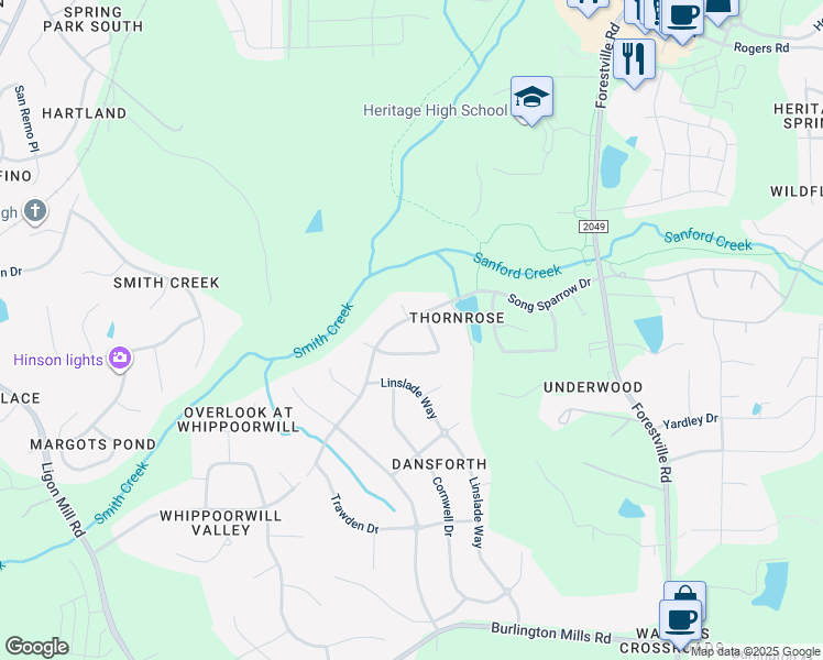 map of restaurants, bars, coffee shops, grocery stores, and more near 3720 Song Sparrow Drive in Wake Forest