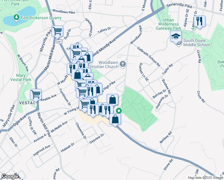map of restaurants, bars, coffee shops, grocery stores, and more near 118 E Young High Pike in Knoxville