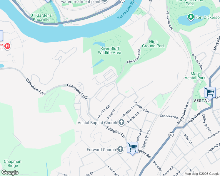 map of restaurants, bars, coffee shops, grocery stores, and more near 3831 Cherokee Woods Way in Knoxville