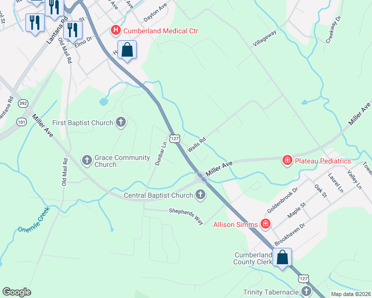 map of restaurants, bars, coffee shops, grocery stores, and more near 1057 South Main Street in Crossville