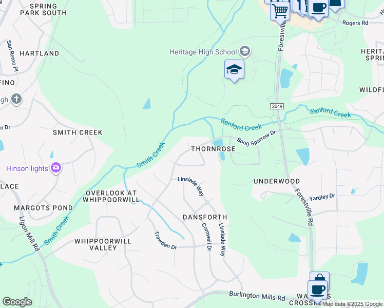 map of restaurants, bars, coffee shops, grocery stores, and more near 3720 Song Sparrow Drive in Wake Forest