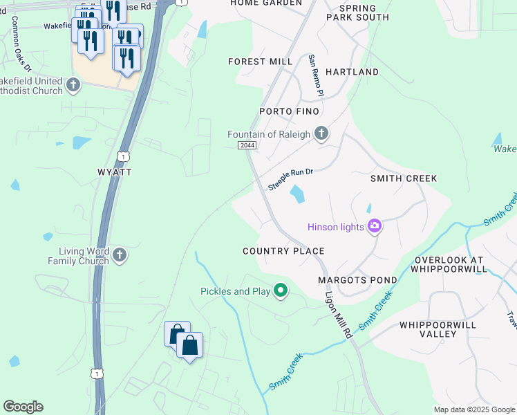 map of restaurants, bars, coffee shops, grocery stores, and more near 1004 Greenhow Lane in Wake Forest