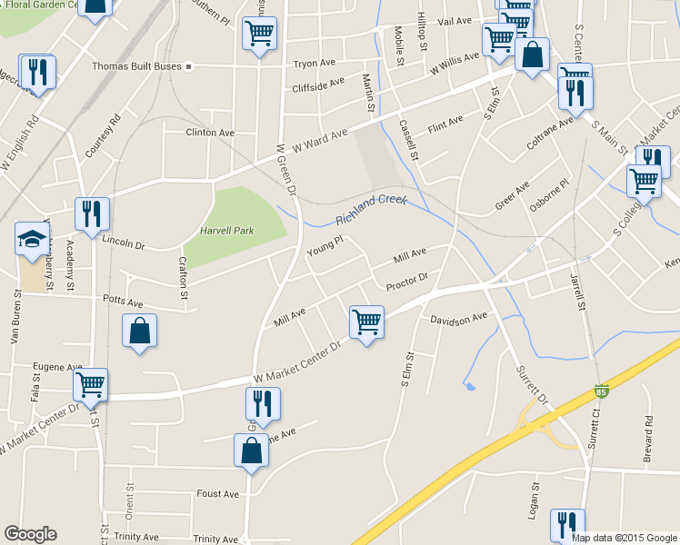 map of restaurants, bars, coffee shops, grocery stores, and more near 1117 Textile Place in High Point