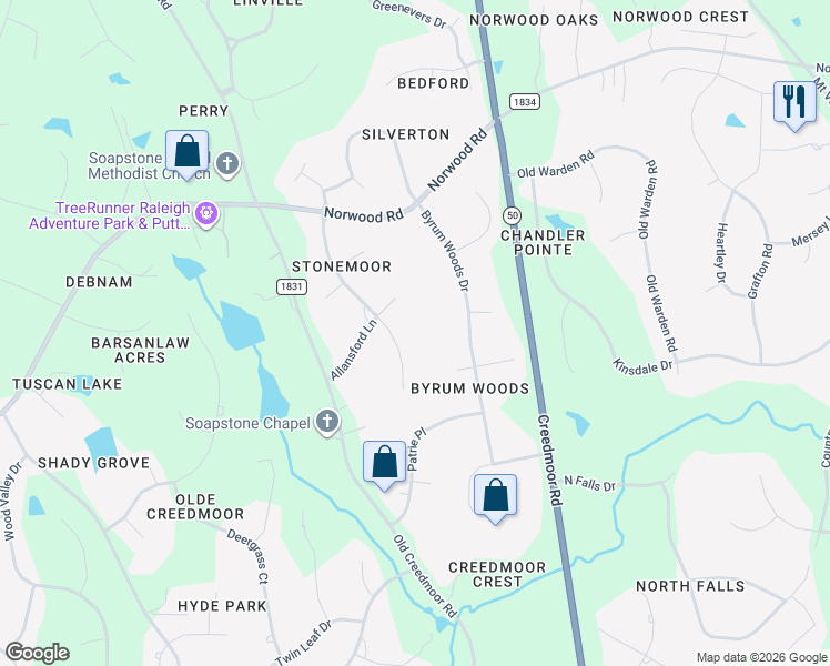 map of restaurants, bars, coffee shops, grocery stores, and more near 10120 Lobley Hill Lane in Raleigh