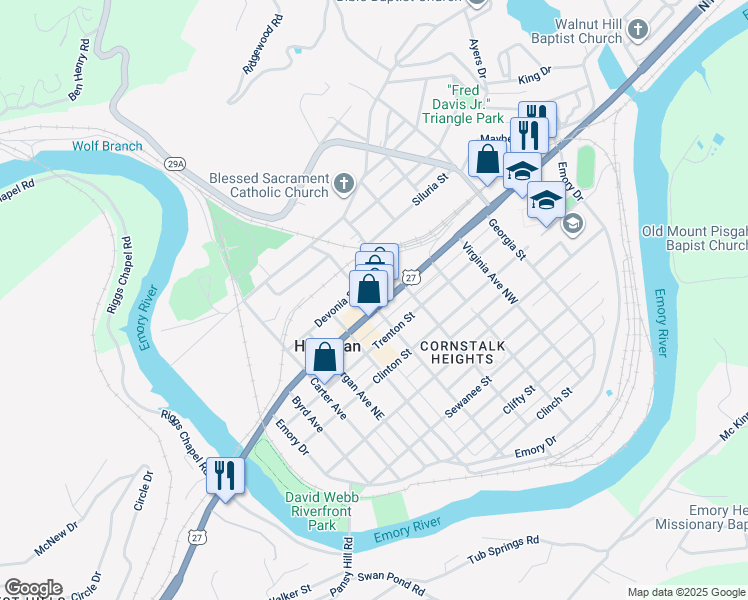 map of restaurants, bars, coffee shops, grocery stores, and more near 501 North Roane Street in Harriman