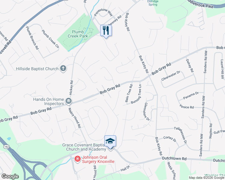 map of restaurants, bars, coffee shops, grocery stores, and more near 10010 Bob Gray Road in Knoxville