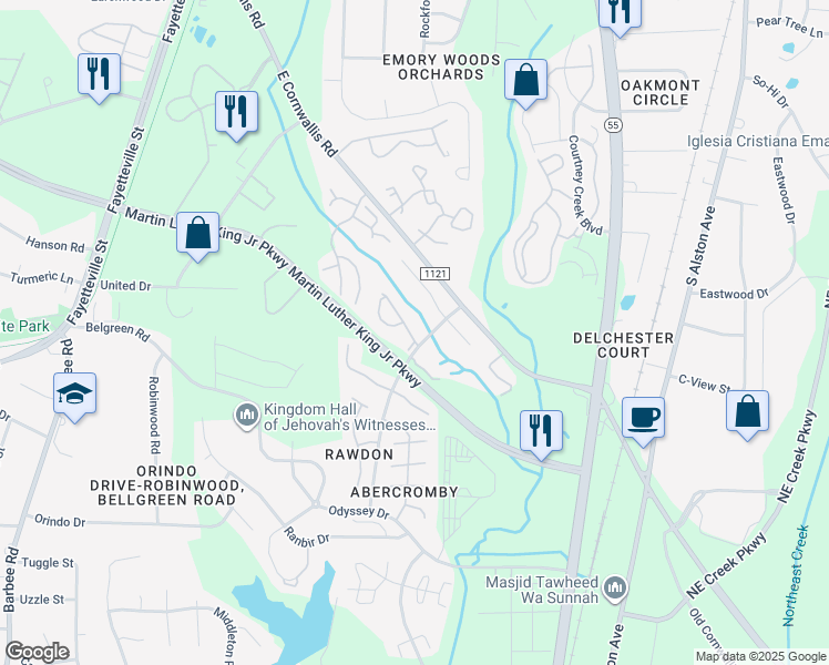 map of restaurants, bars, coffee shops, grocery stores, and more near 3313 Tarleton West in Durham