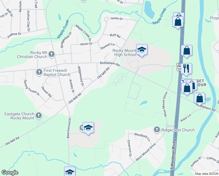 map of restaurants, bars, coffee shops, grocery stores, and more near 1221 Old Mill Road in Rocky Mount