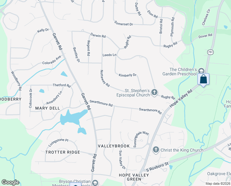 map of restaurants, bars, coffee shops, grocery stores, and more near 4020 Nottaway Road in Durham