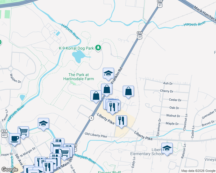 map of restaurants, bars, coffee shops, grocery stores, and more near 305 Franklin Road in Franklin