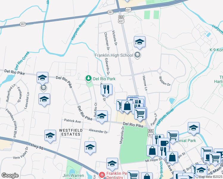 map of restaurants, bars, coffee shops, grocery stores, and more near 1021 Brink Place in Franklin