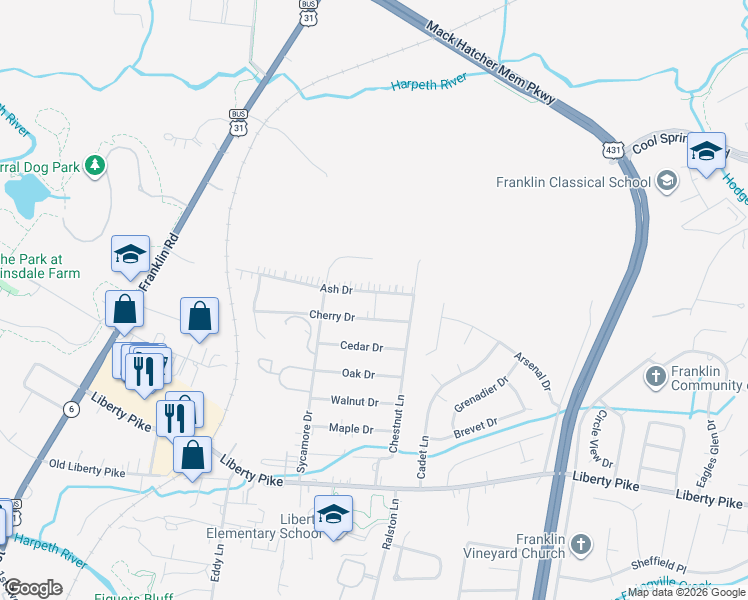 map of restaurants, bars, coffee shops, grocery stores, and more near 213 Ash Drive in Franklin