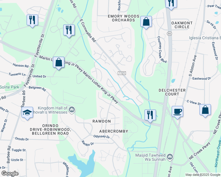map of restaurants, bars, coffee shops, grocery stores, and more near 3405 Tarleton West in Durham