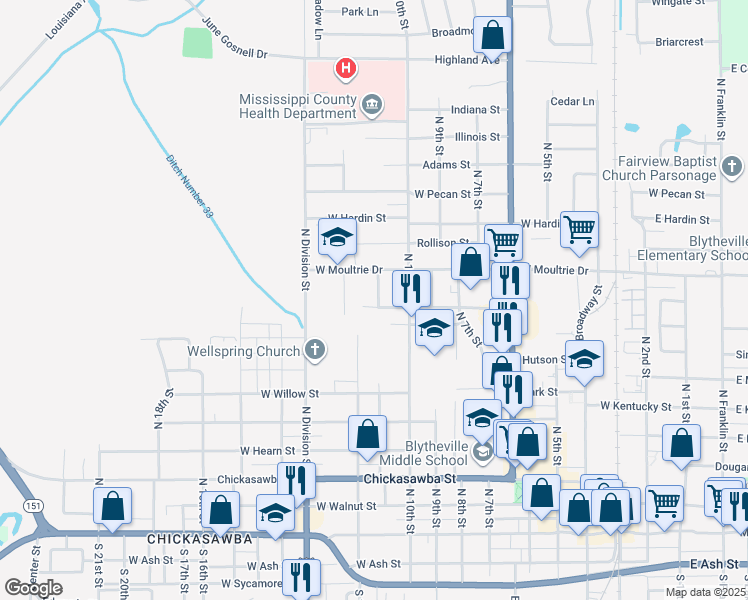map of restaurants, bars, coffee shops, grocery stores, and more near 1104 Dixie Street in Blytheville