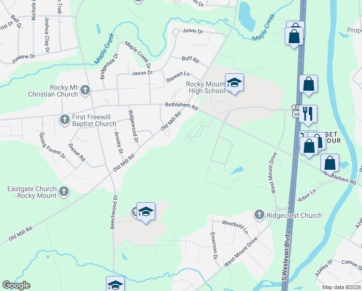 map of restaurants, bars, coffee shops, grocery stores, and more near 1221 Old Mill Road in Rocky Mount