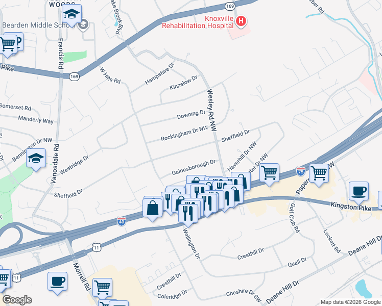map of restaurants, bars, coffee shops, grocery stores, and more near 7026 Sheffield Drive in Knoxville