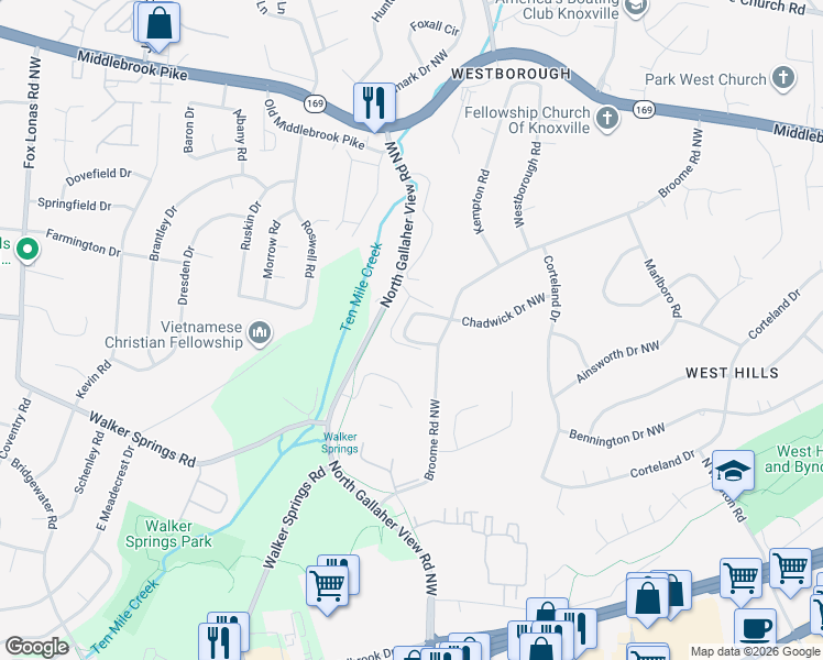 map of restaurants, bars, coffee shops, grocery stores, and more near 814 Klondike Way in Knoxville