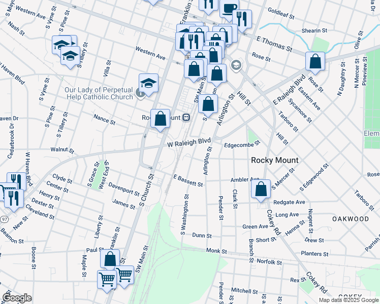 map of restaurants, bars, coffee shops, grocery stores, and more near 532 South Washington Street in Rocky Mount