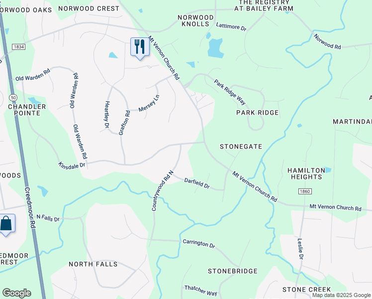 map of restaurants, bars, coffee shops, grocery stores, and more near 2001 Countrywood Road North in Raleigh