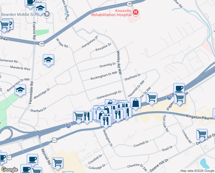 map of restaurants, bars, coffee shops, grocery stores, and more near 7026 Sheffield Drive in Knoxville