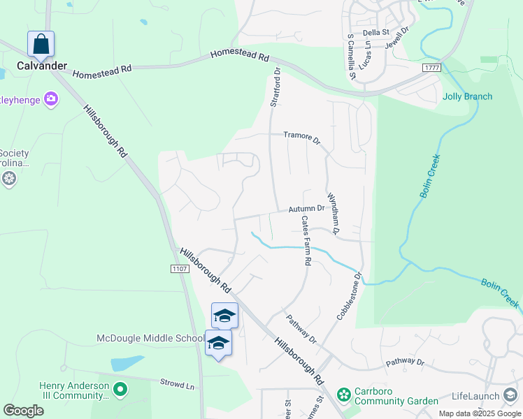 map of restaurants, bars, coffee shops, grocery stores, and more near 107 Autumn Drive in Chapel Hill