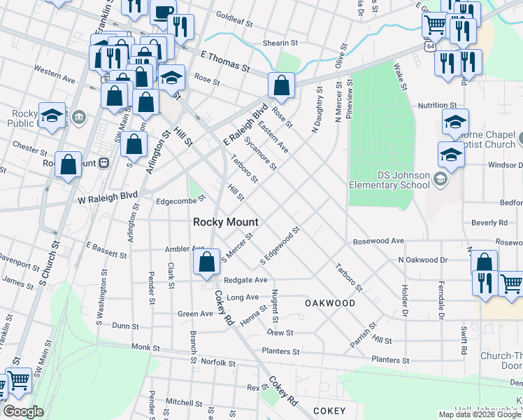 map of restaurants, bars, coffee shops, grocery stores, and more near 719 Hill Street in Rocky Mount