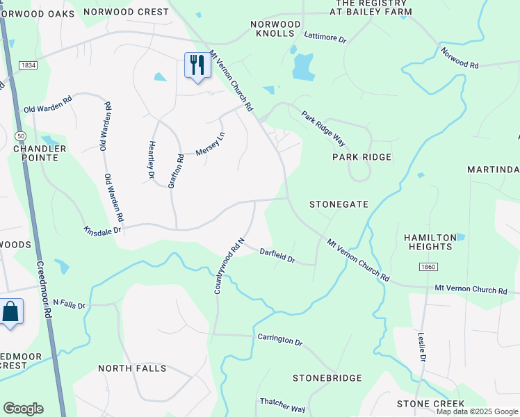 map of restaurants, bars, coffee shops, grocery stores, and more near 2001 Countrywood Road North in Raleigh
