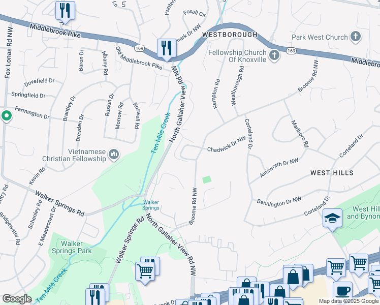 map of restaurants, bars, coffee shops, grocery stores, and more near 309 Chadwick Drive in Knoxville