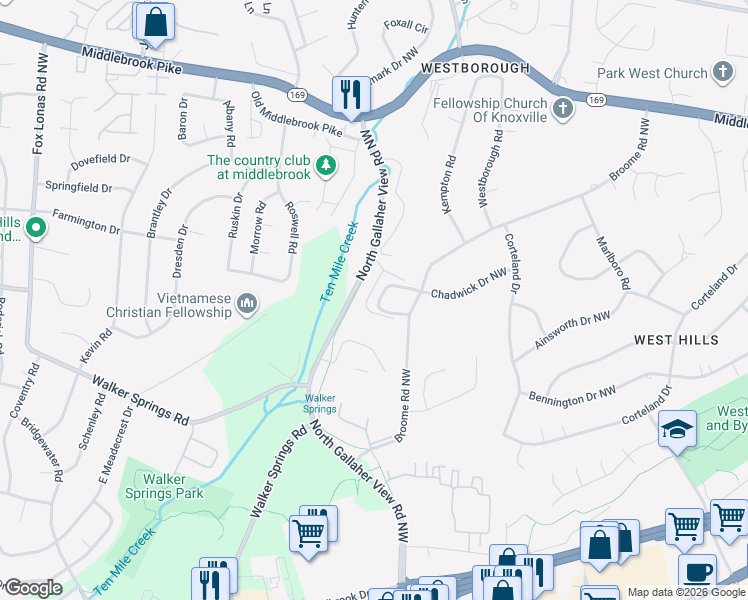 map of restaurants, bars, coffee shops, grocery stores, and more near 814 Klondike Way in Knoxville