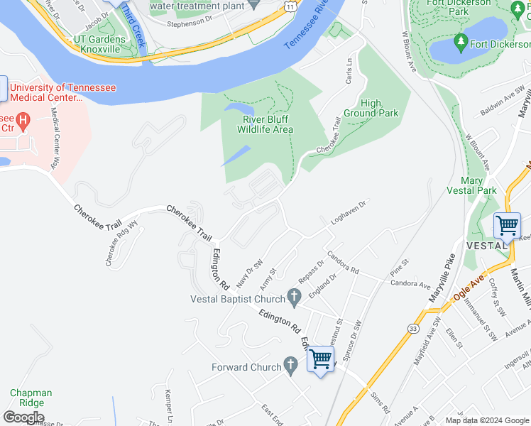 map of restaurants, bars, coffee shops, grocery stores, and more near 3831 Cherokee Woods Way in Knoxville