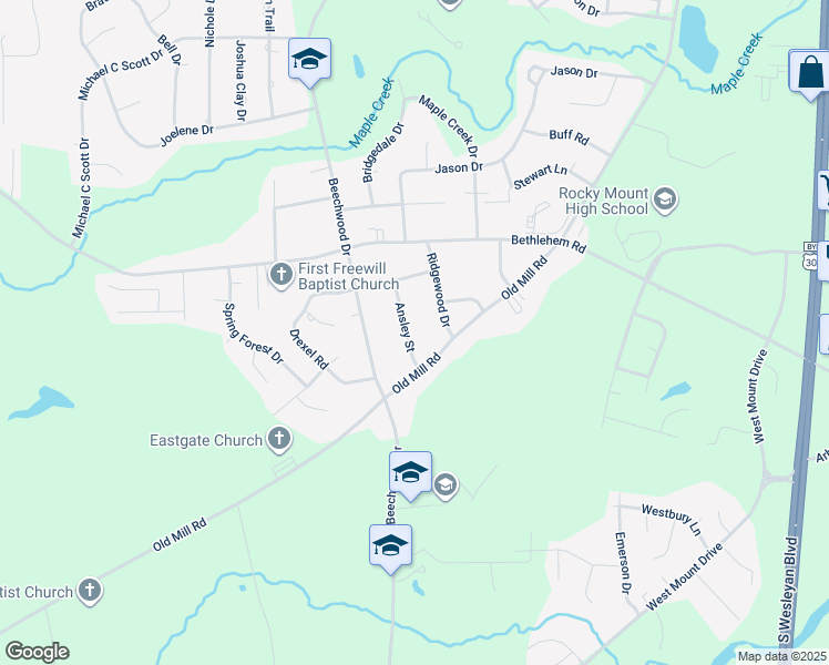 map of restaurants, bars, coffee shops, grocery stores, and more near 303 Ansley Street in Rocky Mount
