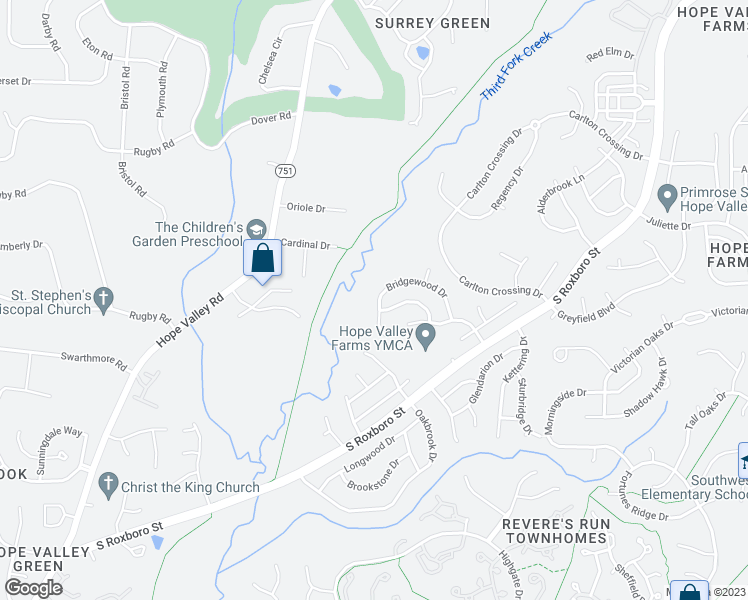 map of restaurants, bars, coffee shops, grocery stores, and more near 5022 Bridgewood Drive in Durham