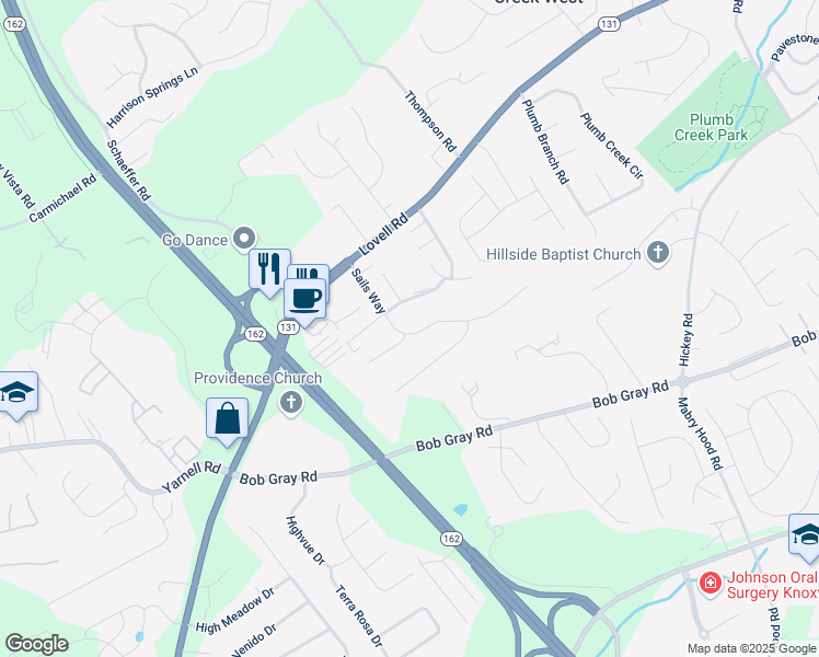 map of restaurants, bars, coffee shops, grocery stores, and more near 1671 Sails Way in Knoxville